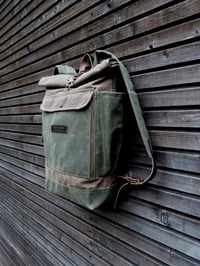 Image 3 of Waxed canvas backpack waterproof backpack with roll up top and double bottom