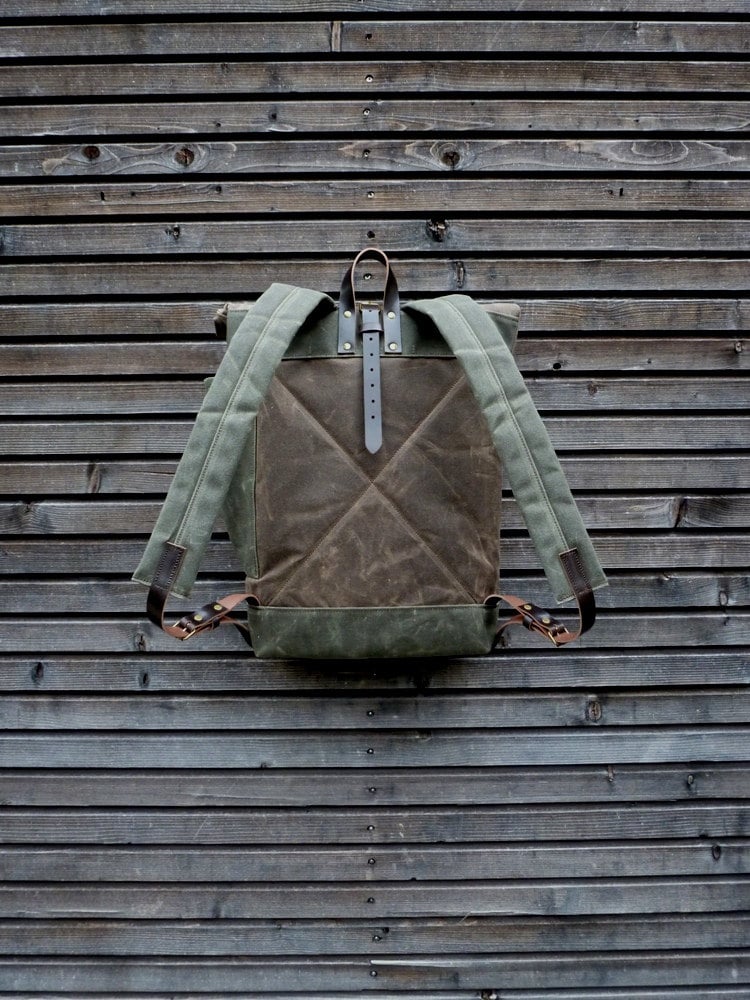 Image of Waxed canvas backpack waterproof backpack with roll up top and double bottom