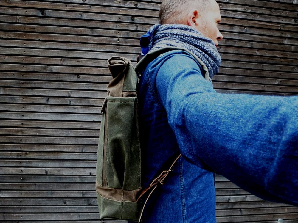 Image of Waxed canvas backpack waterproof backpack with roll up top and double bottom