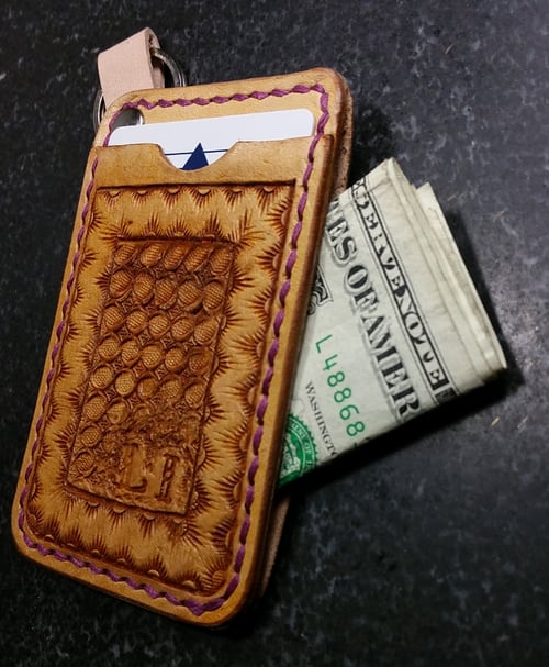 Image of Custom Hand Tooled Leather Minimalist Front Pocket Wallet, Card, Work ID Badge Holder.