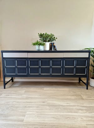 Image of Large Mid Century Nathan Sideboard in Navy Blue with Silver drawers and silver ledged squares