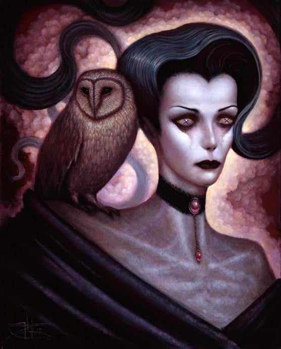 Image of Chet Zar 'Lilith and Her Owl Familiar' giclée print canvas framed