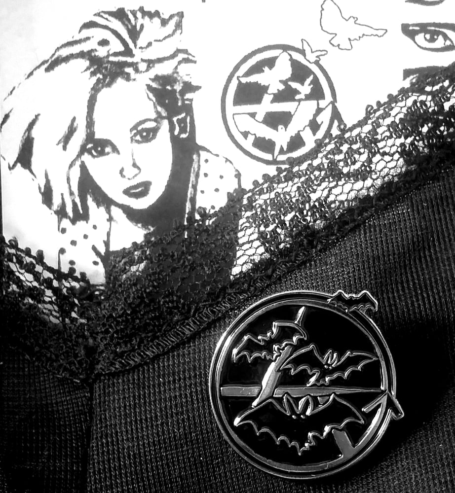 Image of Mass Media Records Enamel bat pin