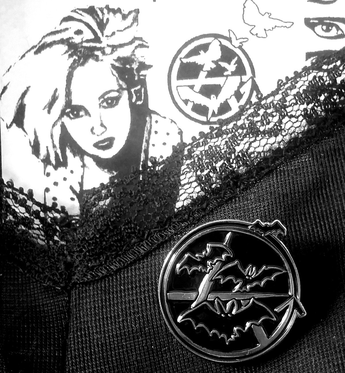 Image of Mass Media Records Enamel bat pin  