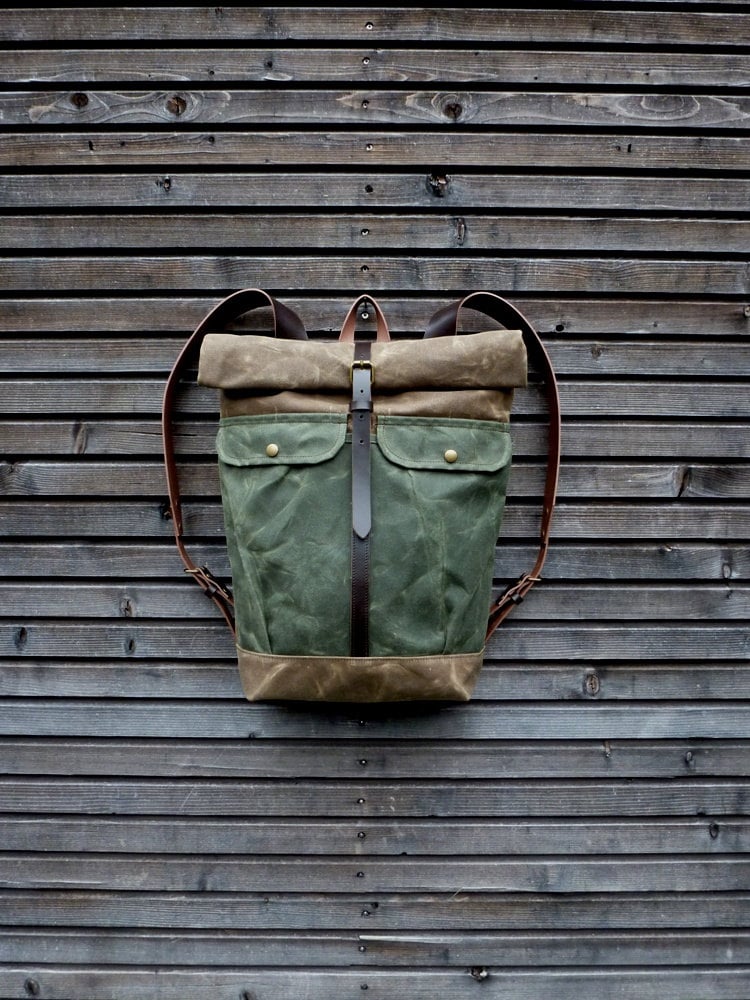 Image of Waxed canvas backpack with roll to close top and vegetable tanned leather shoulder straps