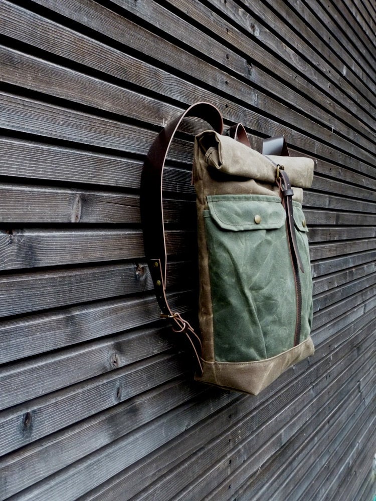 Image of Waxed canvas backpack with roll to close top and vegetable tanned leather shoulder straps
