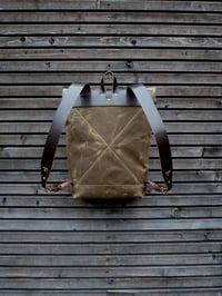 Image 3 of Waxed canvas backpack with roll to close top and vegetable tanned leather shoulder straps