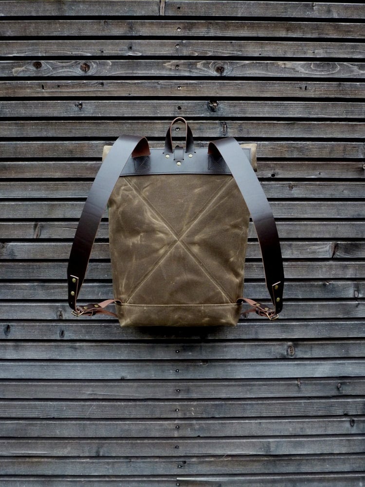 Image of Waxed canvas backpack with roll to close top and vegetable tanned leather shoulder straps