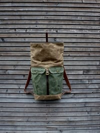 Image 4 of Waxed canvas backpack with roll to close top and vegetable tanned leather shoulder straps