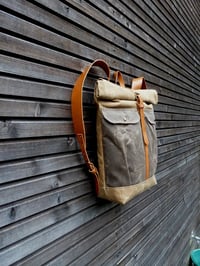 Image 2 of Waxed canvas backpack with roll to close top and leather shoulderstrap and back reinforcement