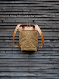 Image 3 of Waxed canvas backpack with roll to close top and leather shoulderstrap and back reinforcement