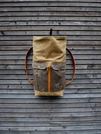 Image 5 of Waxed canvas backpack with roll to close top and leather shoulderstrap and back reinforcement