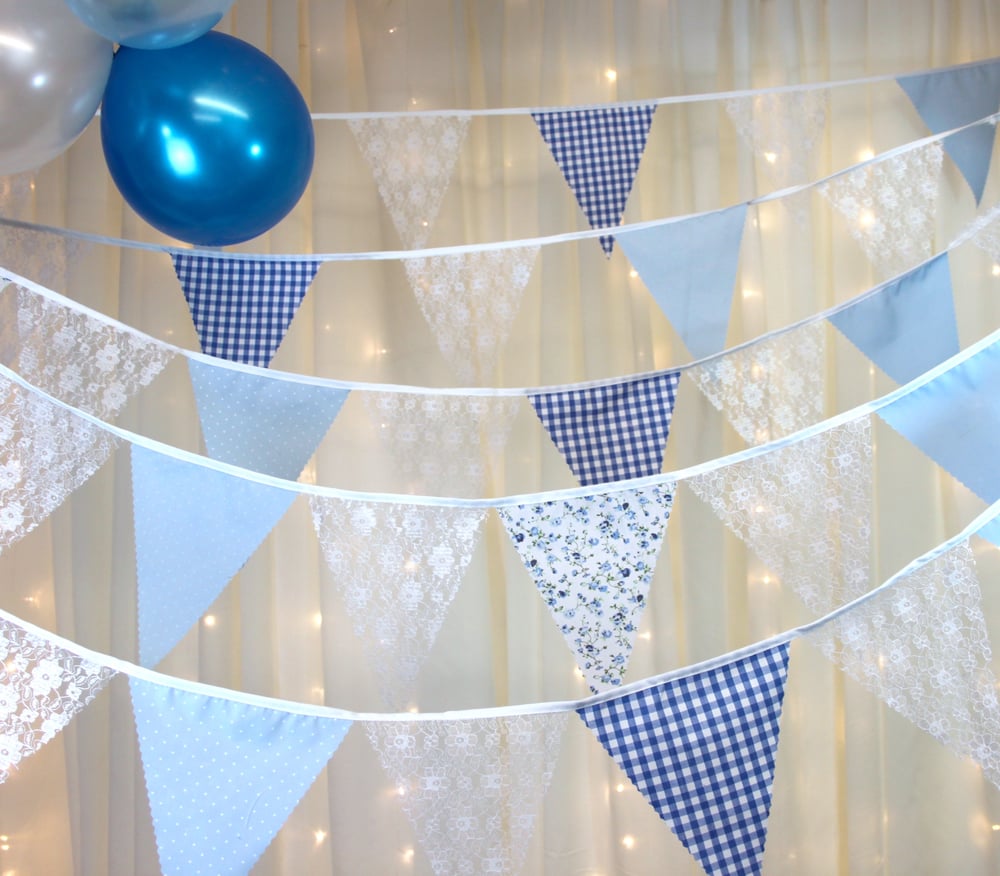 Image of Light Blue Bunting in Gingham Floral Dotty and White Lace