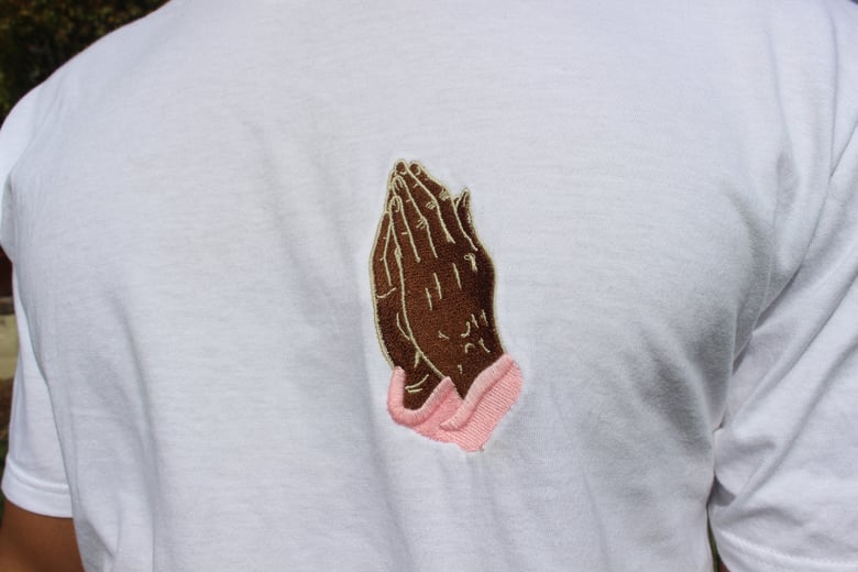 Image of HOLY Praying hands T-shirt (light pink sleeve)