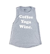 Image of COFFEE, YOGA, WINE ® - Ladies Flowy Tank (Athletic Heather Grey)