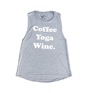Image of COFFEE, YOGA, WINE ® - Ladies Flowy Tank (Athletic Heather Grey)