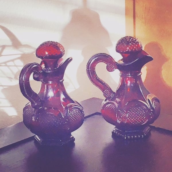 Image of Pair of Vintage Ruby Red Cruet Bottles