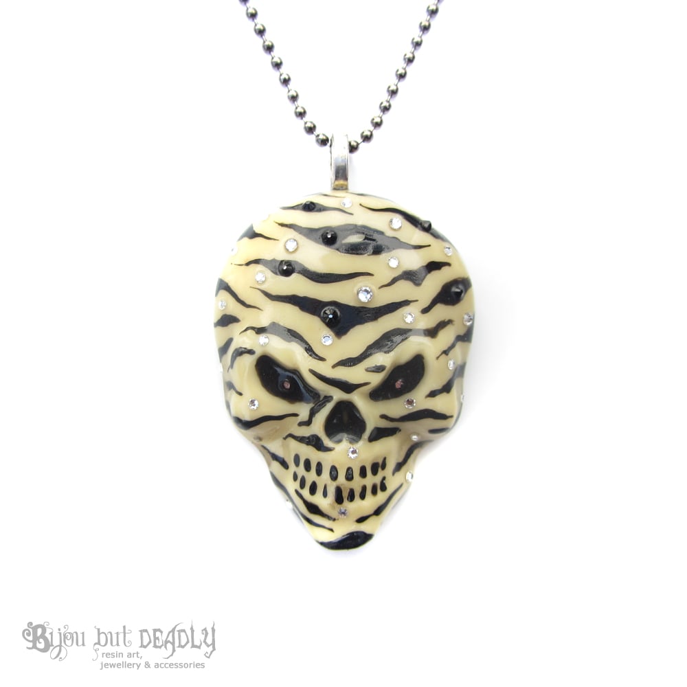 Ivory Zebra Stripe Hand Painted Resin Skull Pendant