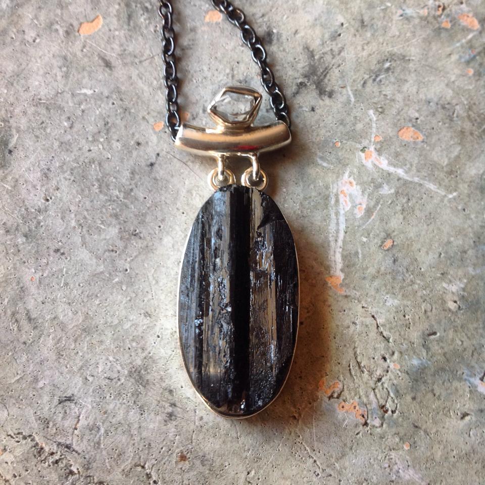 Image of Raw Black Tourmaline and Herkimer Diamond Statement Piece with Black Patina Chain