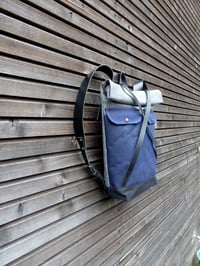 Image 2 of Waxed canvas backpack with roll to close top and leather X strap closing