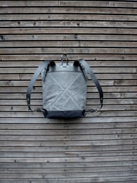 Image 3 of Waxed canvas backpack with roll to close top and leather X strap closing