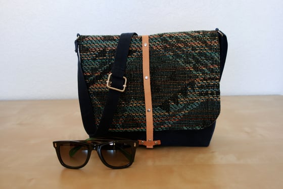 Image of Blue Waxed Canvas Messenger Bag with Aztec Fabric