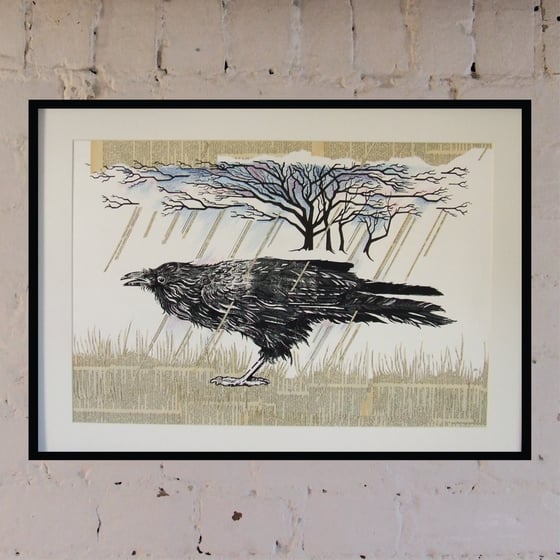 Image of "Storm" Raven. Framed Screen Print & Mixed Media.