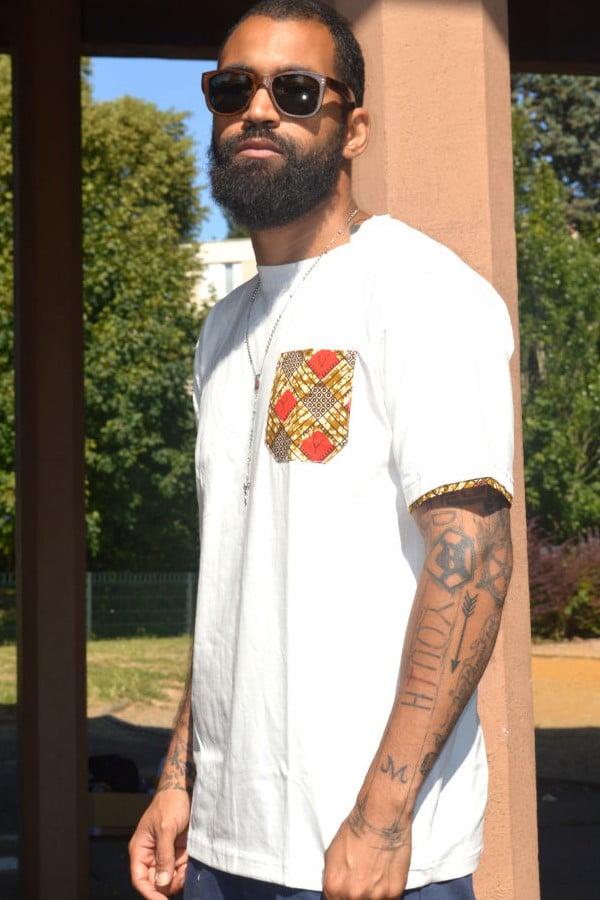 Image of J.Wax White T-shirt with Red Brown Dutch Wax Fabric Pocket