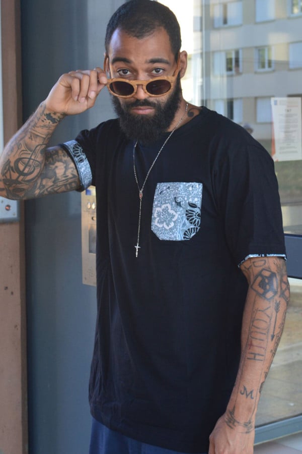 Image of J.Wax Black T-shirt with Sky Blue Real Wax Fabric Pocket