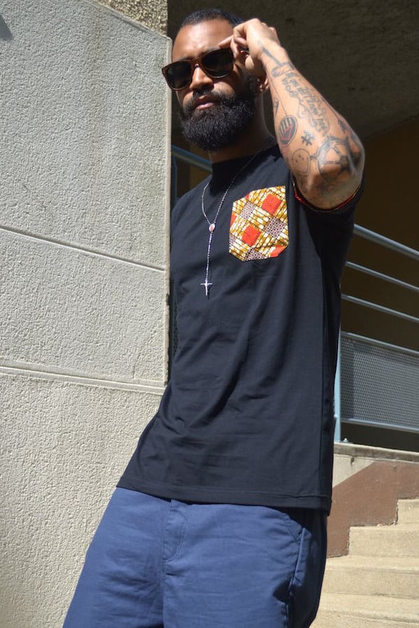 Image of J.Wax Black T-shirt with Red Brown Dutch Wax Fabric Pocket