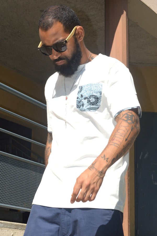 Image of J.Wax White T-shirt with Sky Blue Real Wax Fabric Pocket