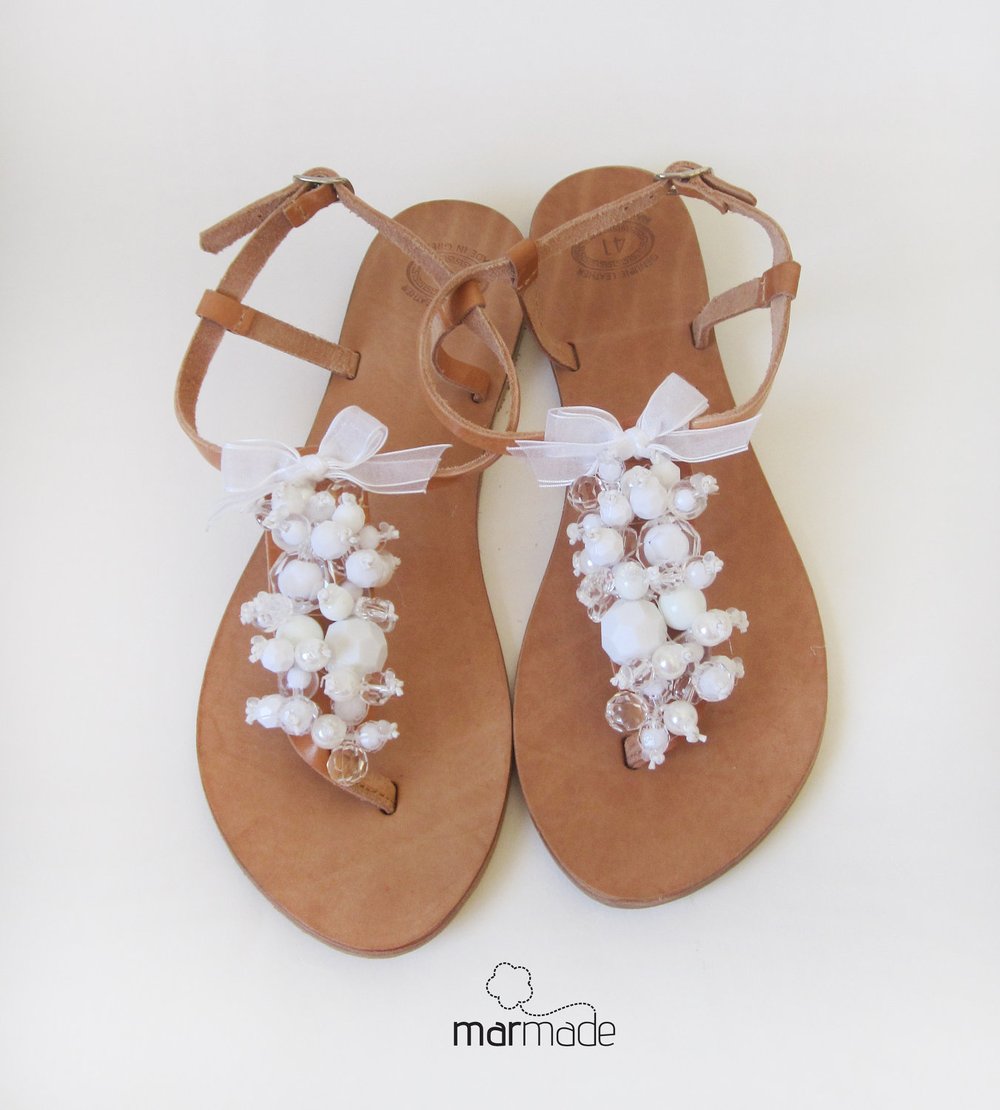 Image of Bridal leather sandals by Marmade - Handmade Leather Sandals decorated with White beads and ribbon