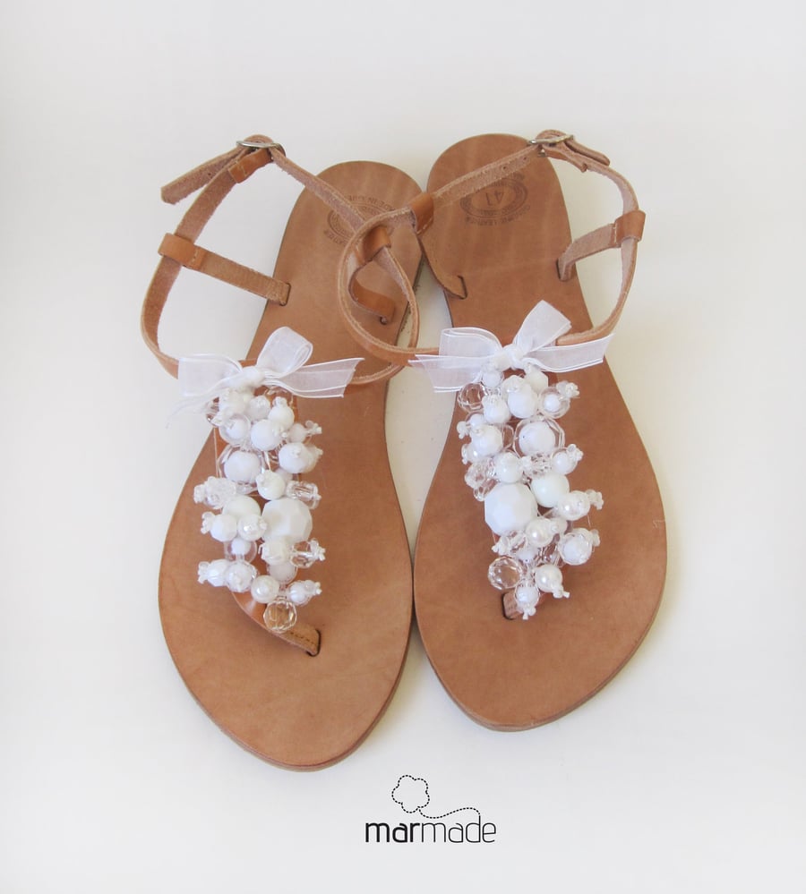 Image of Bridal leather sandals by Marmade - Handmade Leather Sandals decorated with White beads and ribbon