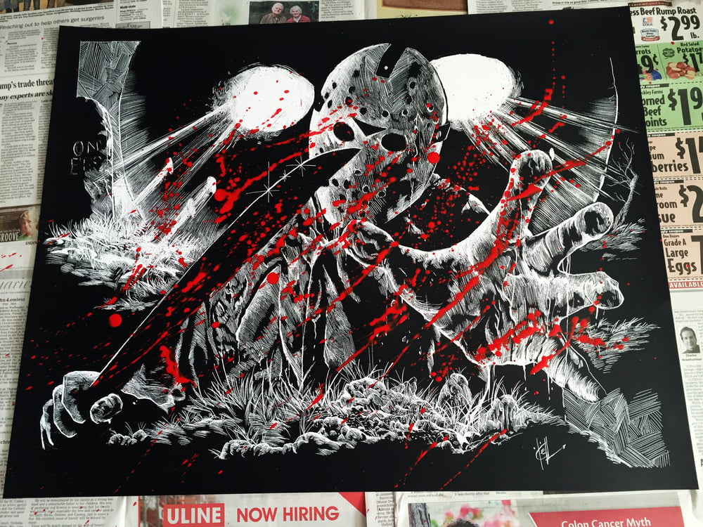 FRIDAY THE 13TH JASON VOORHEES Limited Edition Screen Print- BLOOD SPLATTERED EDITION!!