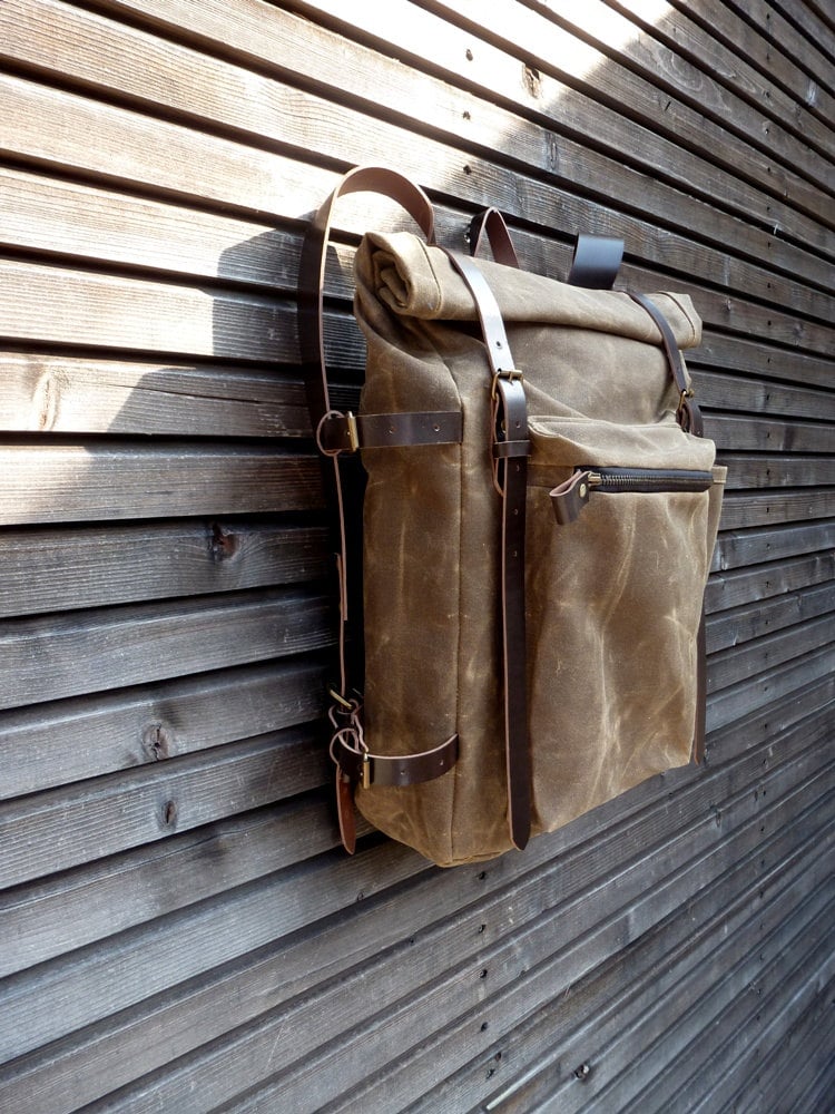 Image of Waxed canvas backpack with bottle pocket and side leather side straps