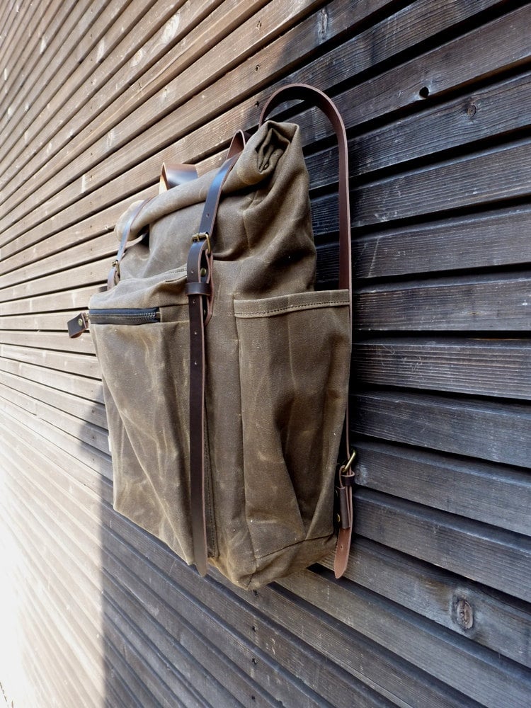Image of Waxed canvas backpack with bottle pocket and side leather side straps