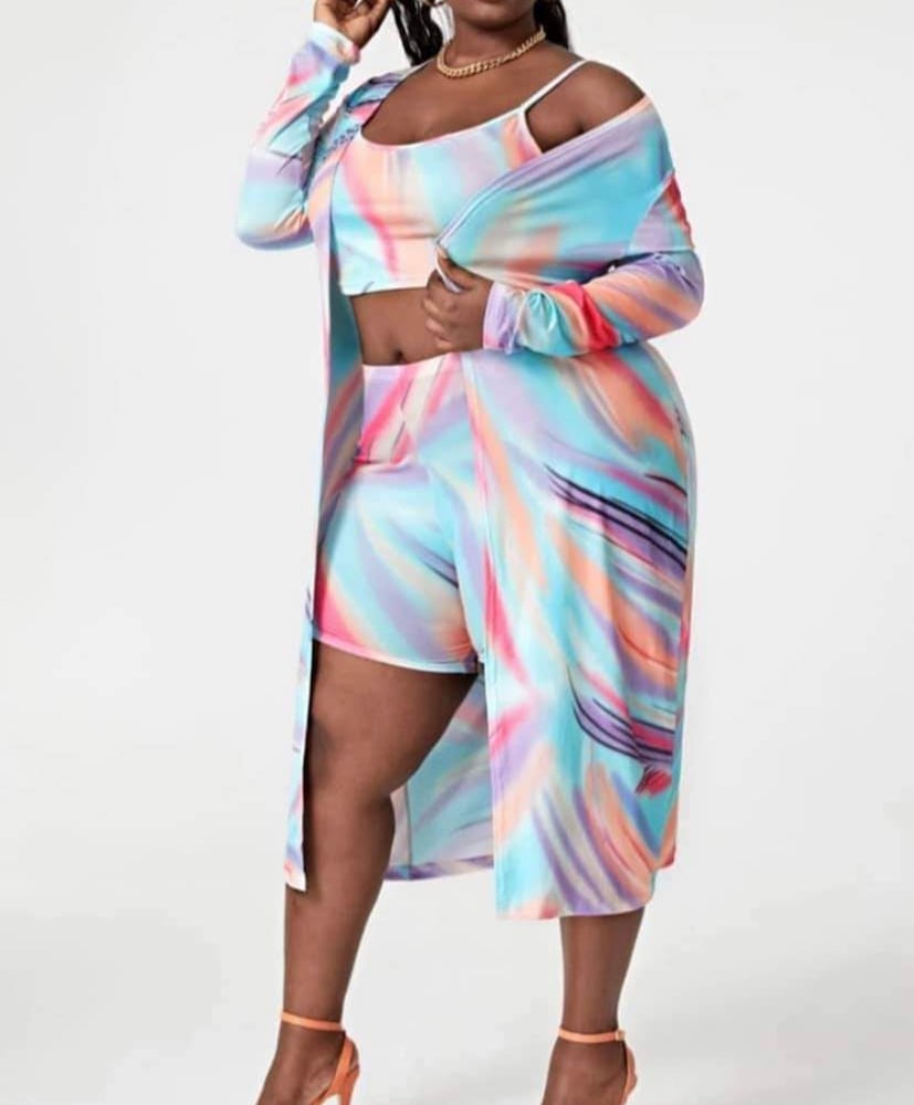 Image of  SXY Plus Tie Dye Cami Top & Shorts & Open Front Coat