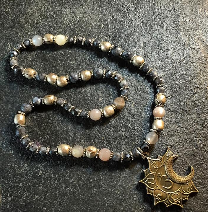 Image of Om Sacred Creation Symbol with Moonstone and Black Opal and Ugandan Silver Beads