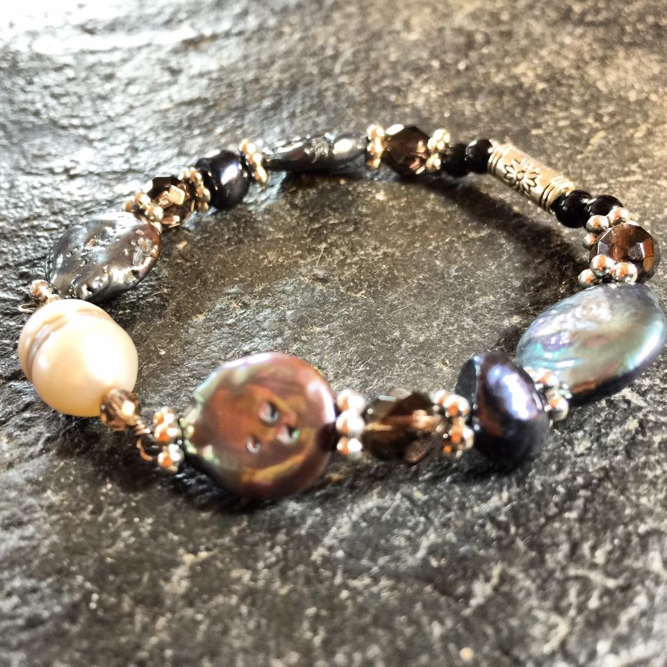 Image of Yemaya~Flow ~White Pearl/Black/Pearl and smoky Quartz with Artesian bead