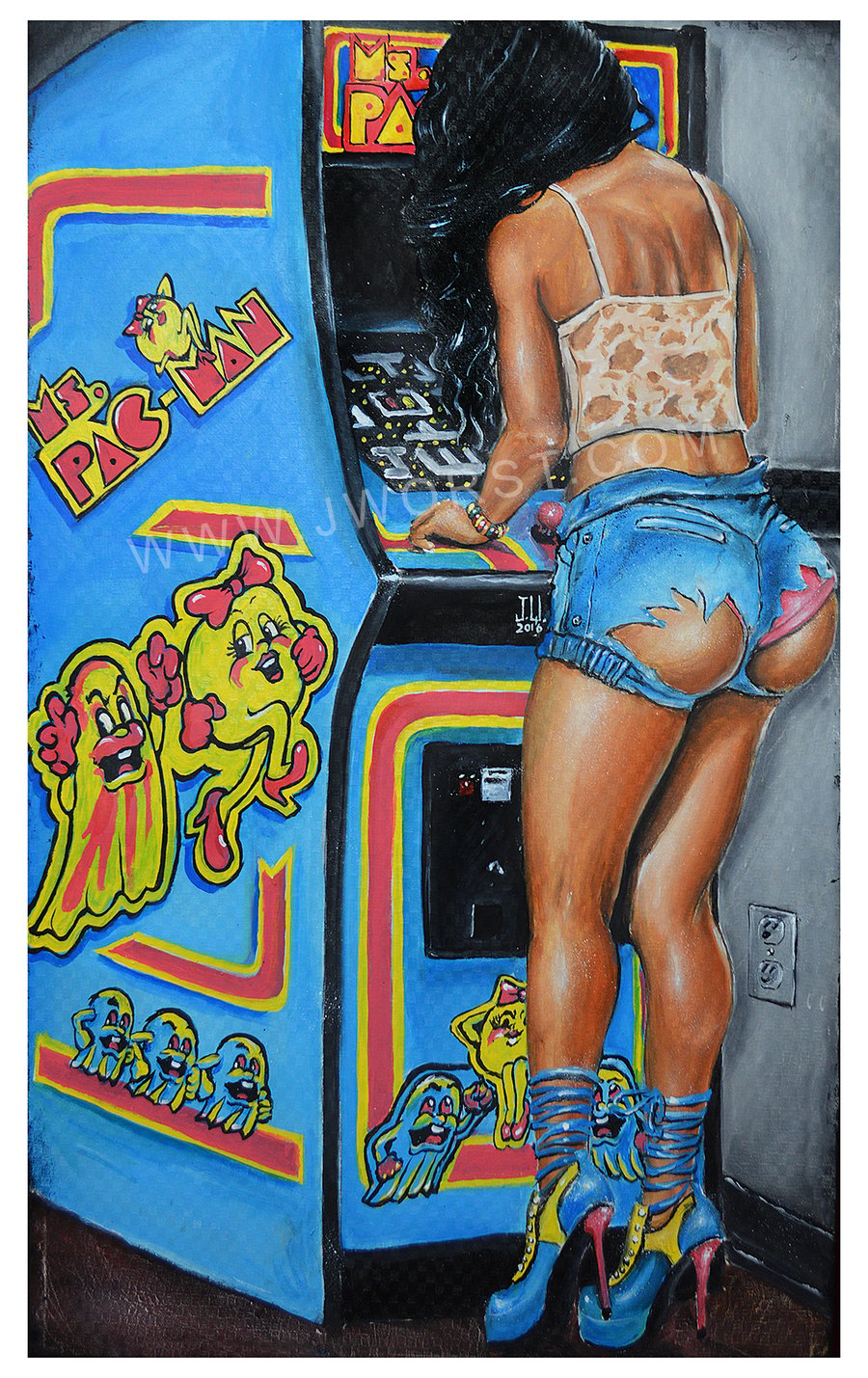 Image of JEREMY WORST Ms Pacman Arcade Sexy girl Artwork Fine Art Print pin up Adult erotic booty shorts