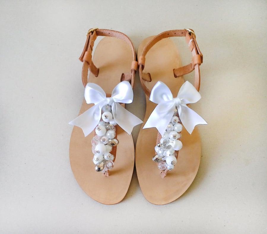 Image of Handmade leather bridal sandals by Marmade decorated with white,clear and silver beads