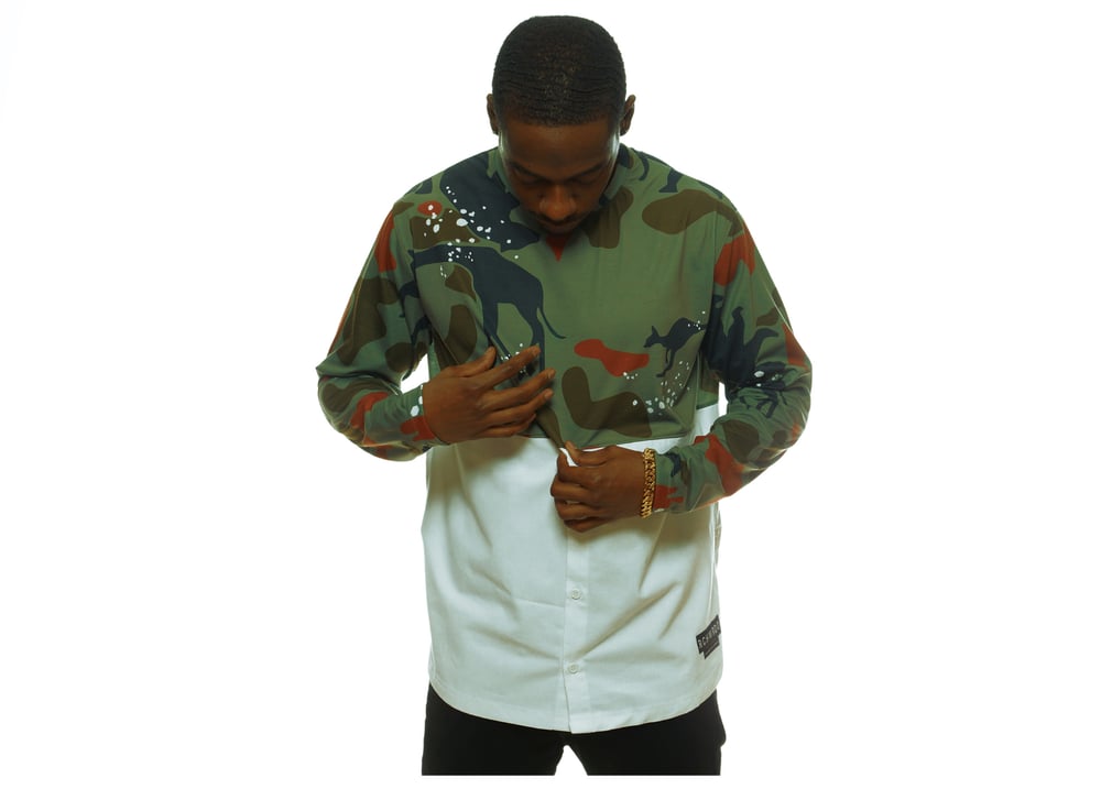 Image of RchWrdo  Green Camo Half Longsleeve Tee  Half Button Up