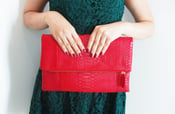 Image of Neon Red Fold Over Python Snakeskin Zippered Leather Clutch