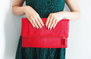Image of Neon Red Fold Over Python Snakeskin Zippered Leather Clutch