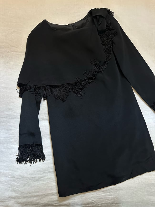1960s black fringe cocktail mini dress