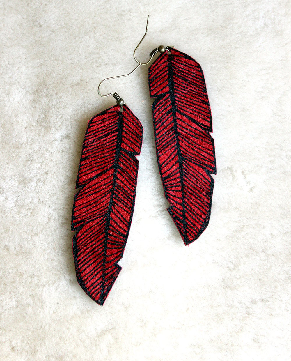 Screen Printed Leather Earrings-Red and Black Feather