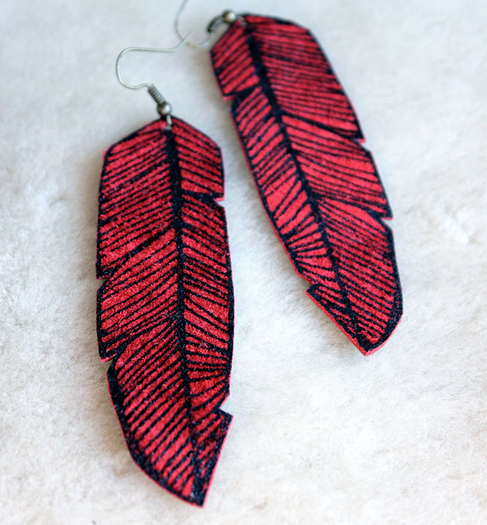 Screen Printed Leather Earrings-Red and Black Feather