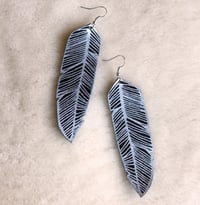 Image 1 of Screen Printed Leather Earrings-Black and Silver Feather