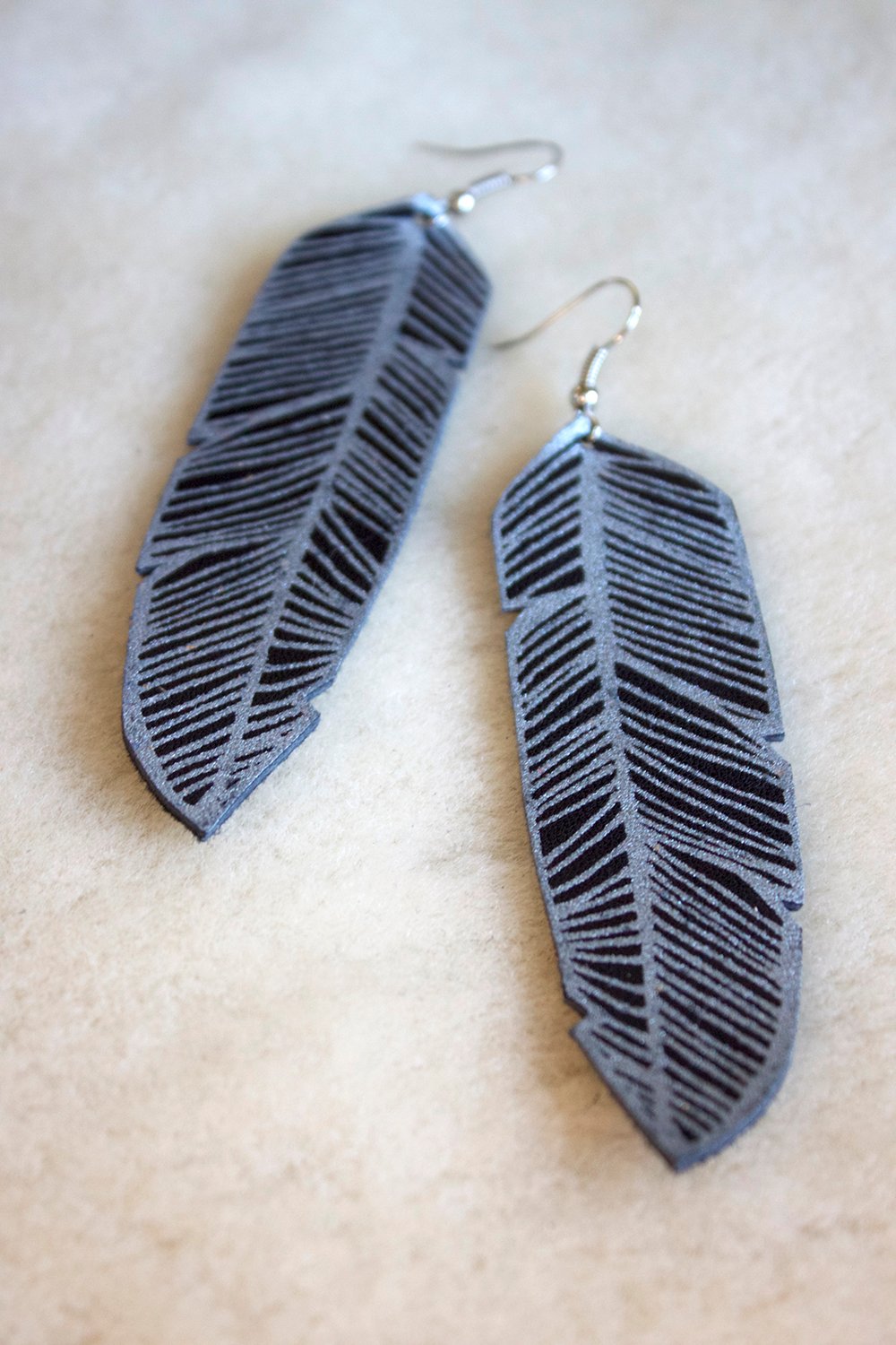 Screen Printed Leather Earrings-Black and Silver Feather