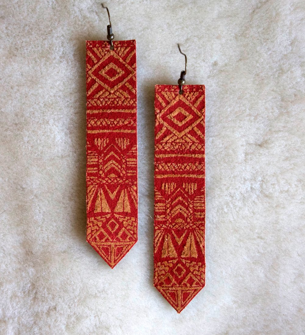 Screen Printed Leather Earrings-Sun Totem